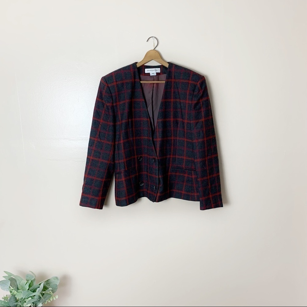 [Jones New York] Vintage Dark Gray & Red Plaid Academia Wool Blazer
